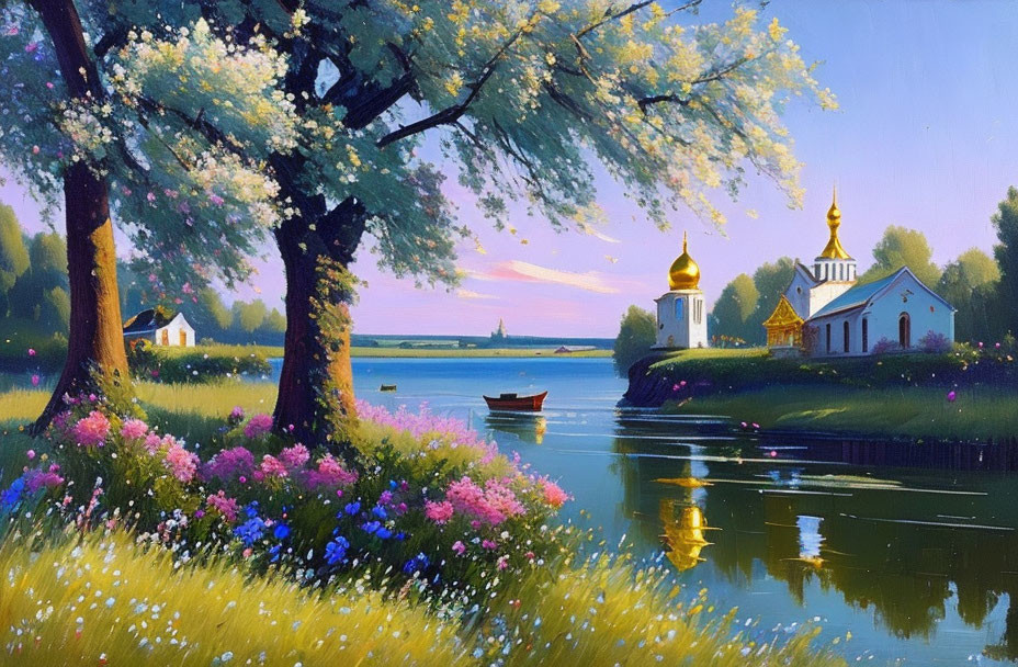 Tranquil river scene with blossoming trees and golden-domed church