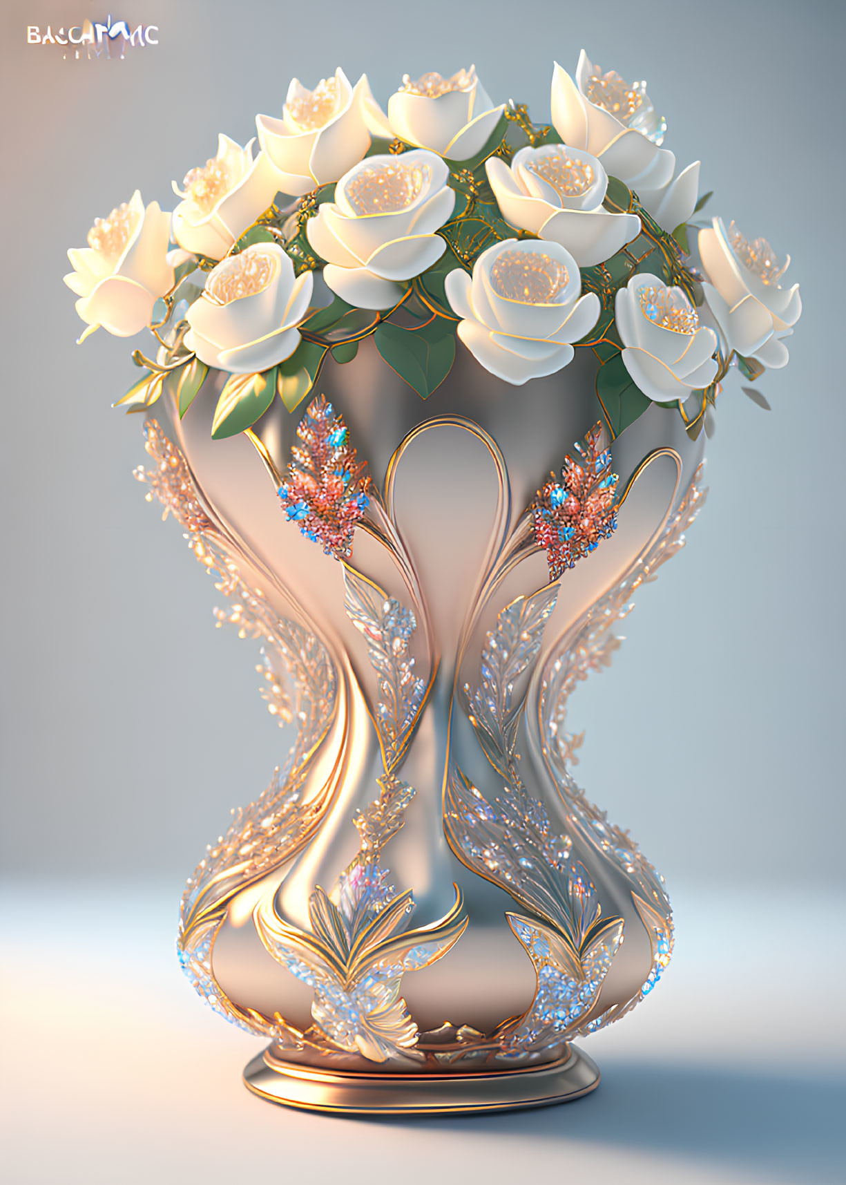 Ornate decorative vase with white flowers and jeweled branches