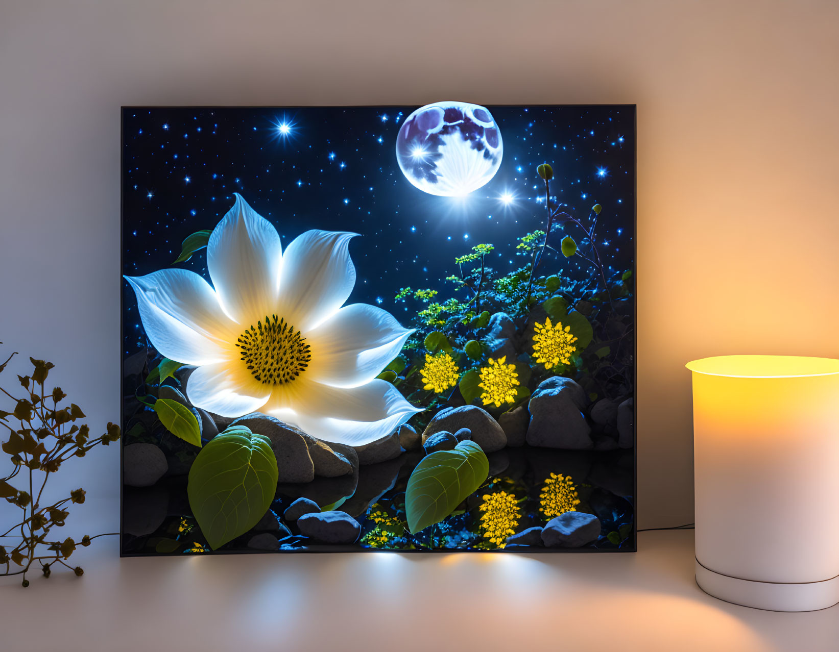 Luminous white flower and yellow blossoms on canvas with full moon and stars at night