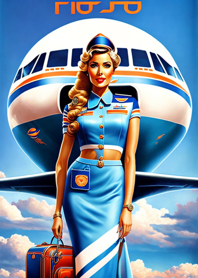 Vintage-Style Poster: Stylized Female Flight Attendant in Blue Uniform with Airplane and Suit