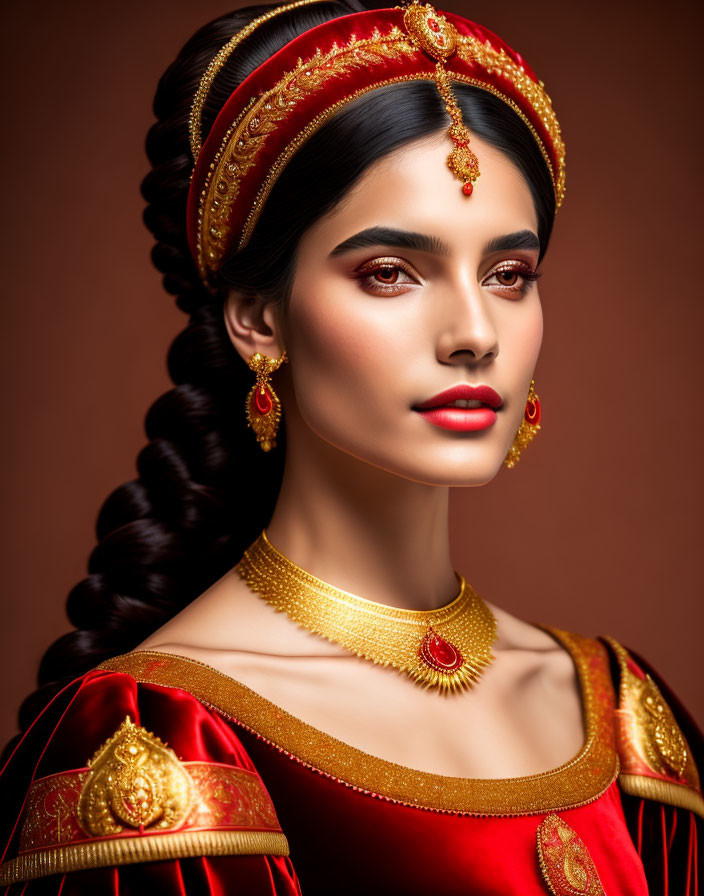 Traditional Indian jewelry and henna design on woman with red headpiece