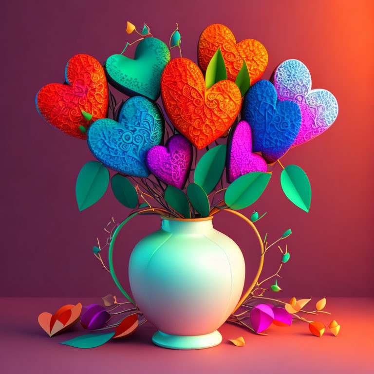 Vibrant heart-shaped flowers in teal vase on pink and purple backdrop