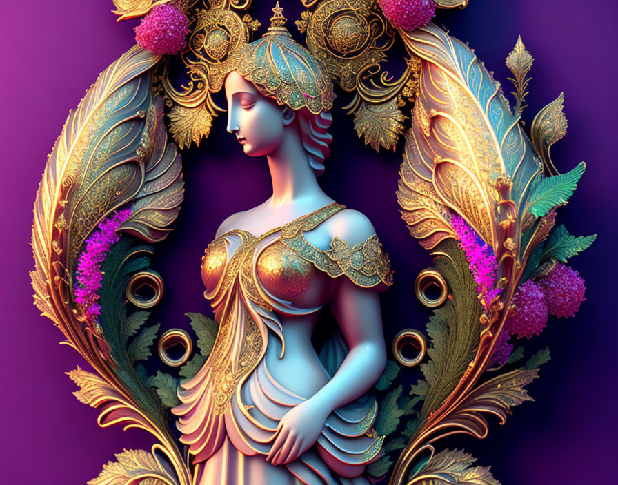 Ethereal artwork of stylized female figure with golden headdress and peacock motifs on purple background