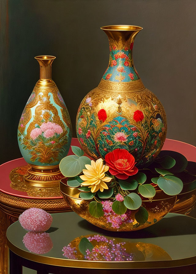 Ornate vases, decorative flowers, leaves, and pink spheres on reflective table