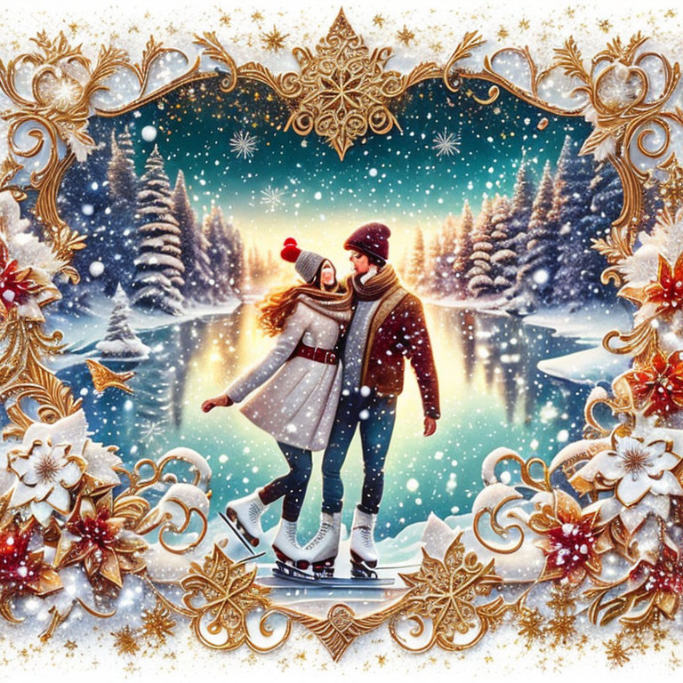 Couple Ice Skating in Ornate Golden Frame with Holiday Motifs