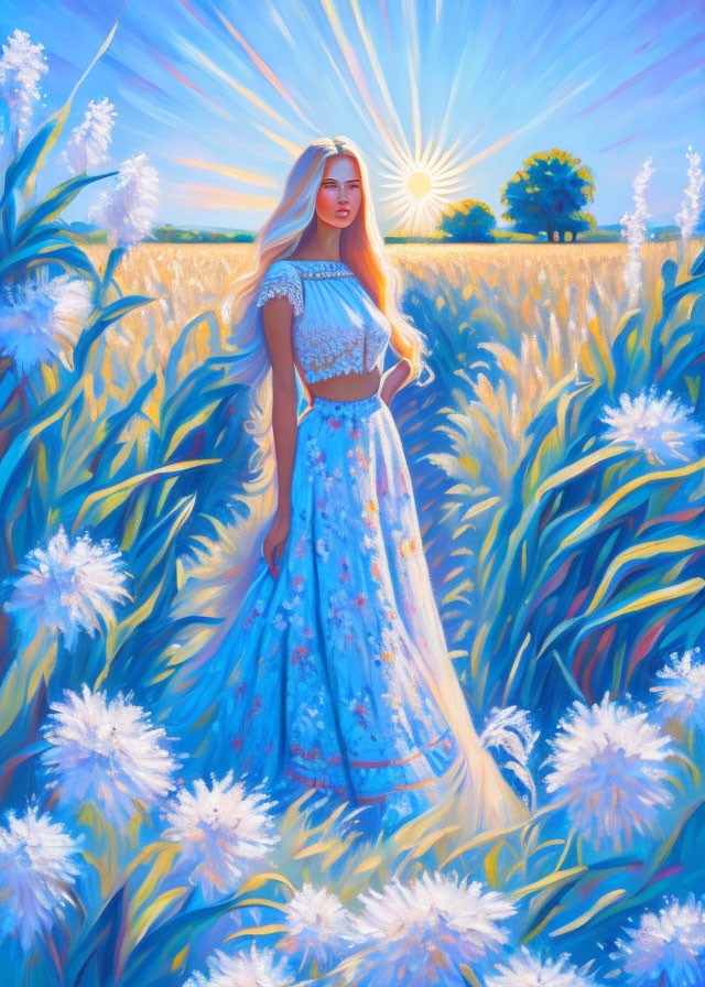 Blonde woman in blue and white flower field under sunny sky