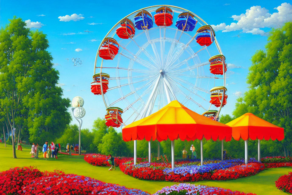 Colorful Ferris Wheel and Flowerbeds in Amusement Park Scene