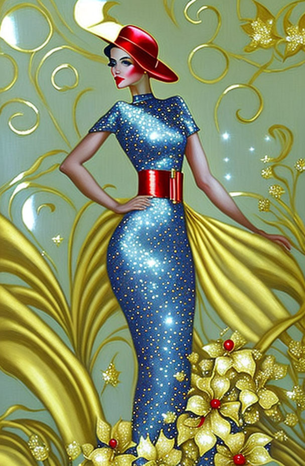 Illustrated Woman in Sparkling Blue Dress with Red Hat and Golden Floral Background