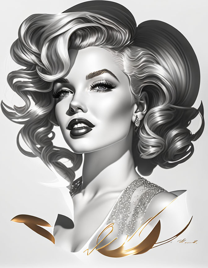 Monochromatic digital art: Stylized woman with wavy hair, bold makeup, and off