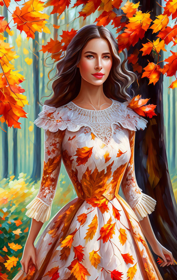 Woman in autumn-themed dress surrounded by vibrant leaves