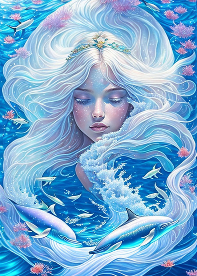 Illustration of woman with white hair, dolphins, pink coral in serene underwater scene