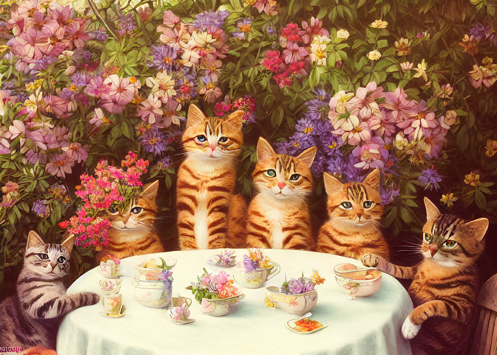 Six cats with floral tea sets in vibrant garden.