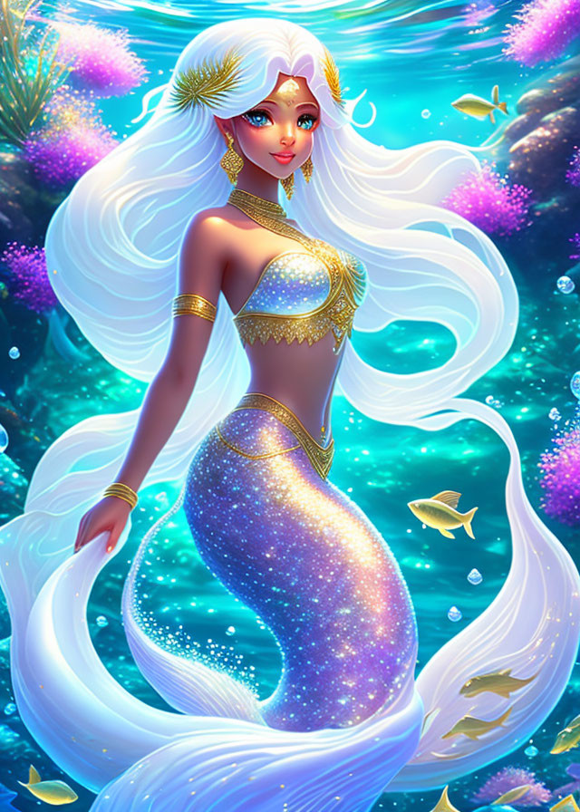 White-haired animated mermaid swimming with fish and coral.