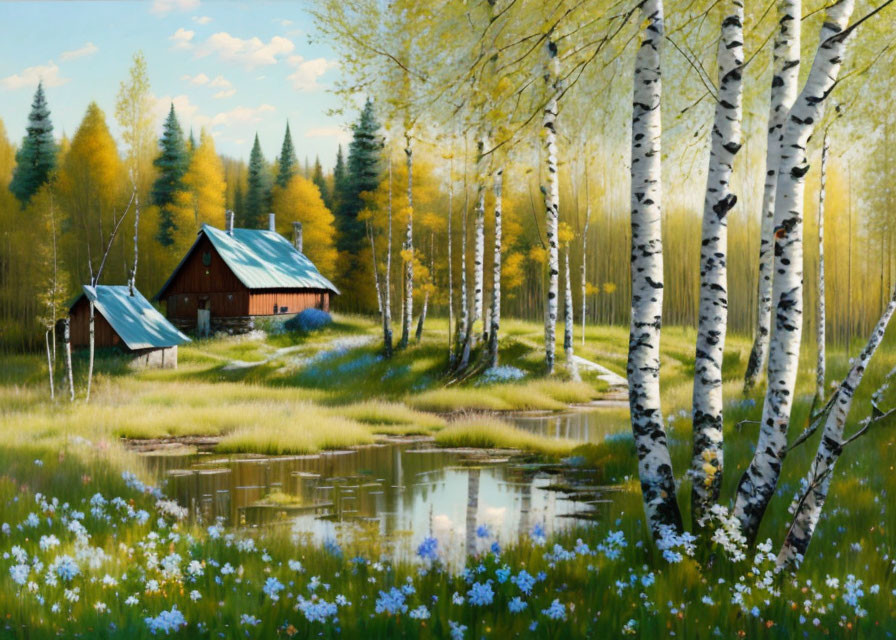 Tranquil autumn forest scene with pond, birch trees, wildflowers, and cottages