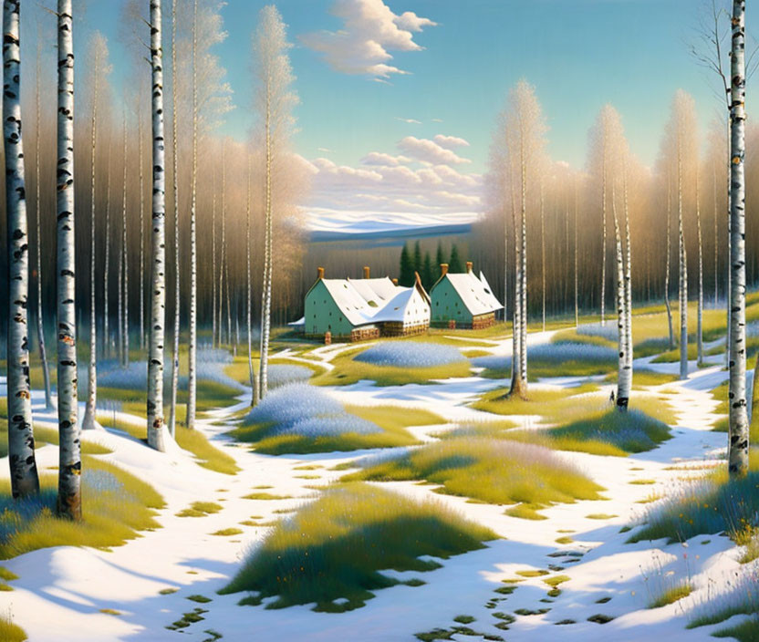 Serene Landscape with Green-Housed Homes and Birch Trees