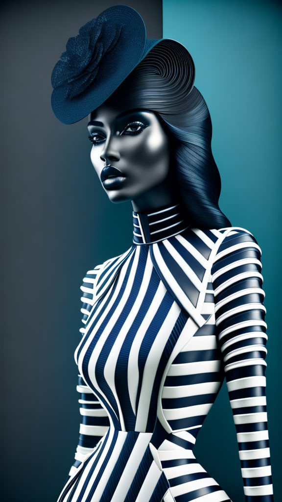 Sophisticated surreal image of woman in striped outfit and hat