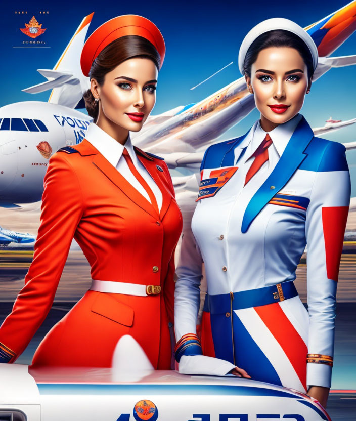 Two vibrant female flight attendants in stylized uniforms by an airplane.