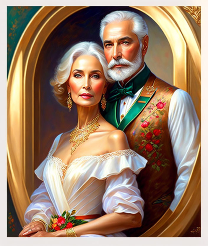 Stylized romantic painting of elegant elderly couple in white gown and green suit