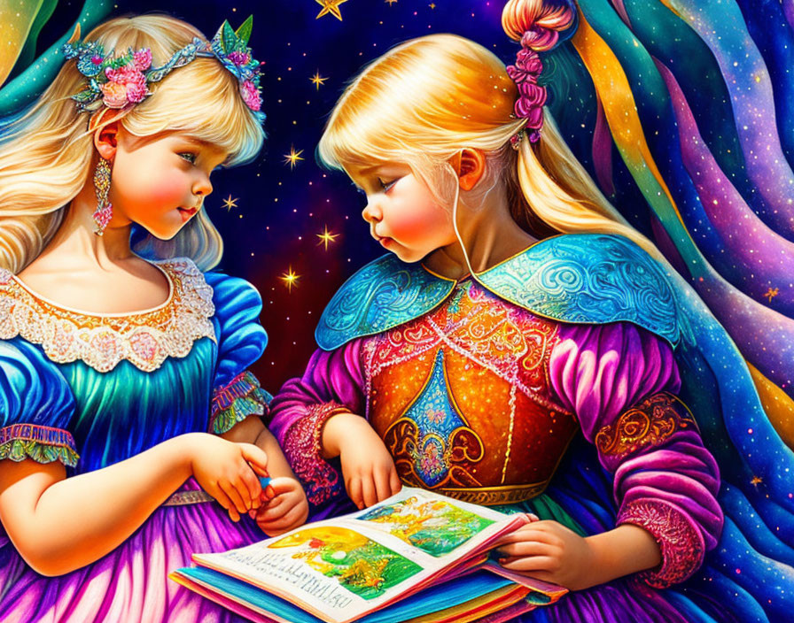 Illustrated girls in colorful dresses reading book under starry sky