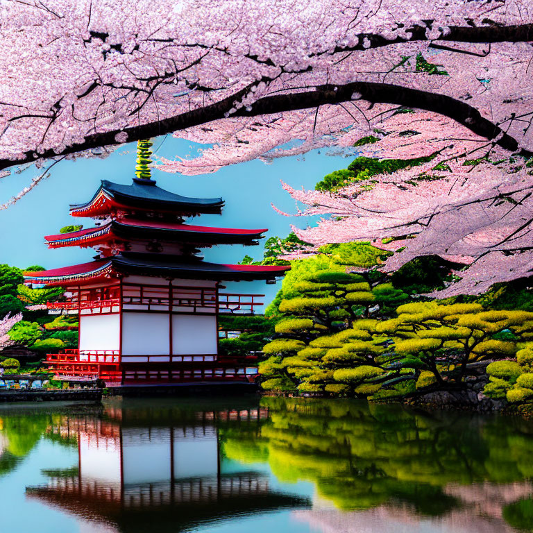 Japanese Pagoda Surrounded by Cherry Blossoms and Pond