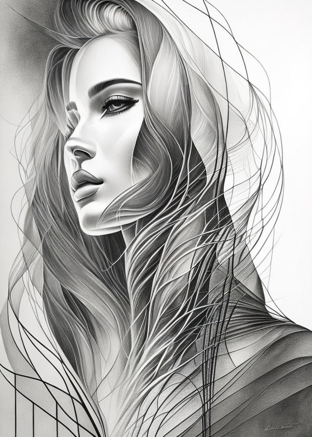 Stylized monochrome illustration of woman with flowing hair & pronounced makeup