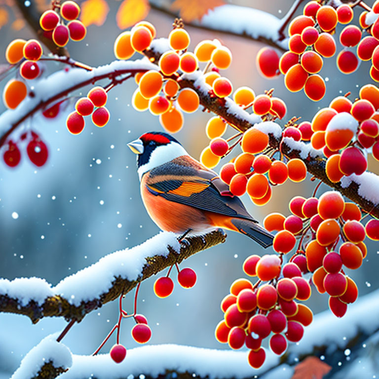 Colorful bird perched on snowy branch with orange berries and falling snowflakes