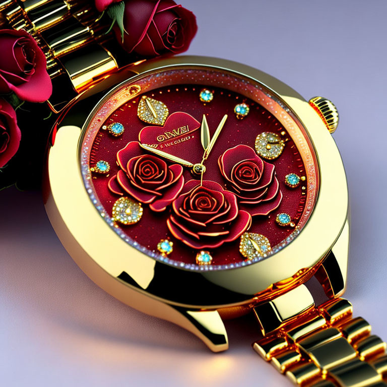 Gold-Toned Wristwatch with Red Rose Design and Sparkling Crystals