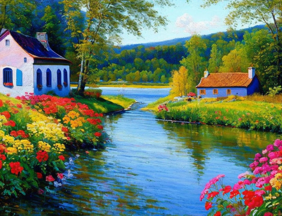 Scenic painting of cottages by river and flowerbeds