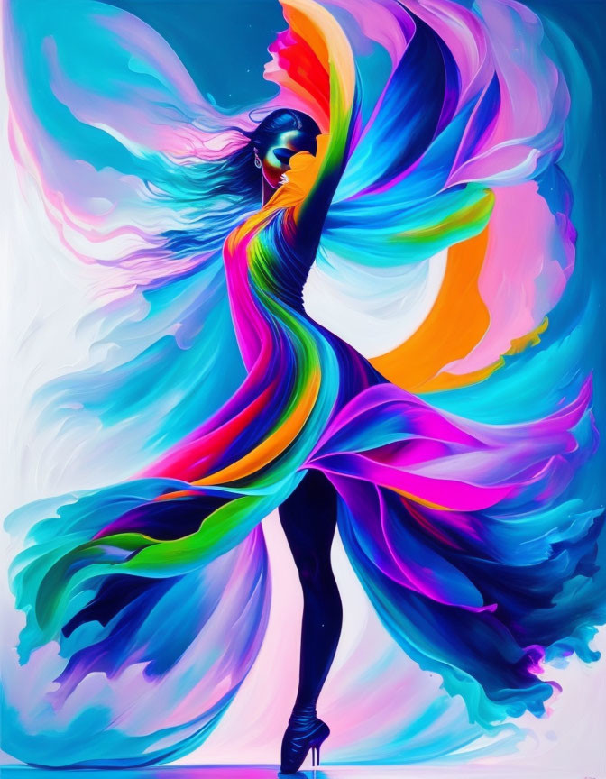 Colorful woman dancing in flowing rainbow dress against abstract background