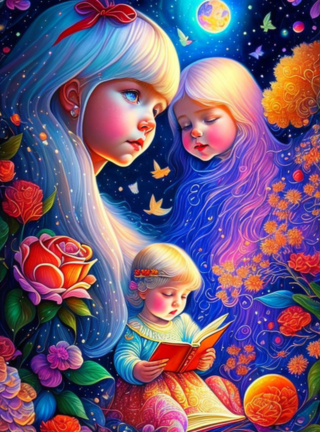 Vibrant illustration of two girls with one reading, surrounded by flowers, stars, and cosmic backdrop