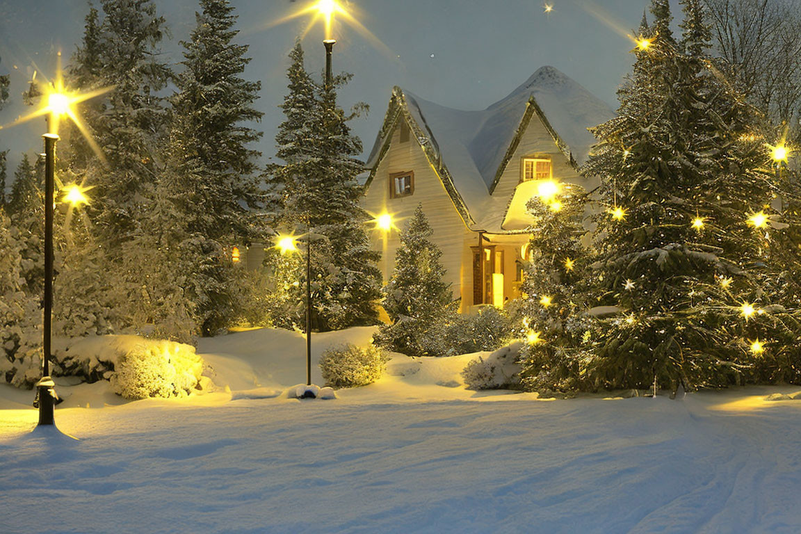 Snow-covered house and trees in warm evening light