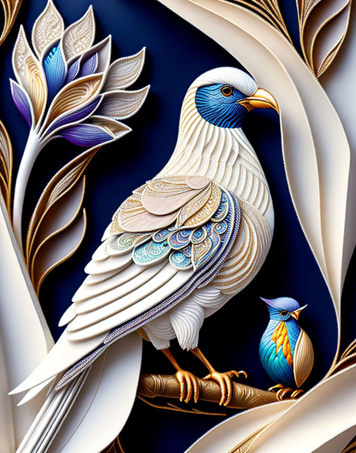 Stylized birds and ornamental floral motifs in deep blue, gold, and white palette