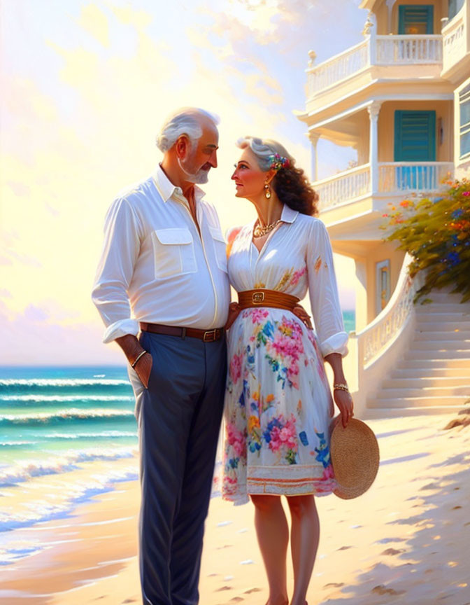 Elderly couple in love by beach house, gazing affectionately.