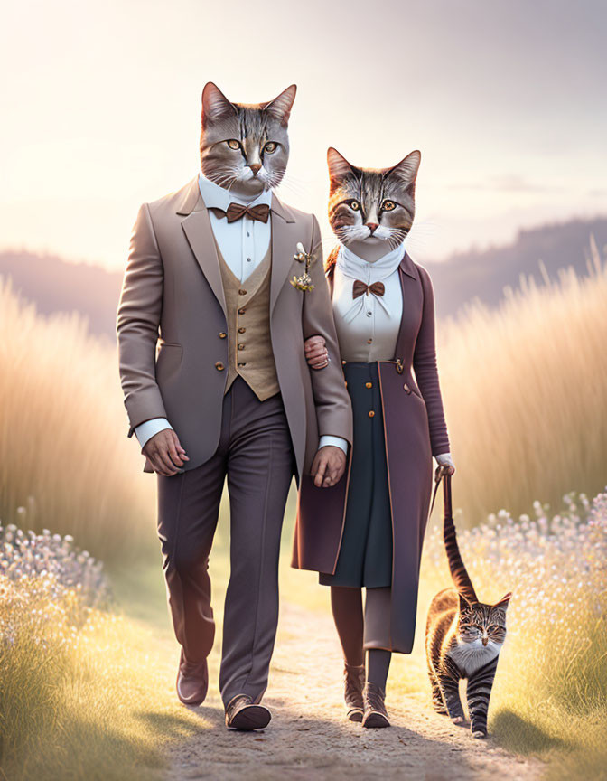 Anthropomorphic Cats in Formal Attire Walking Through Field