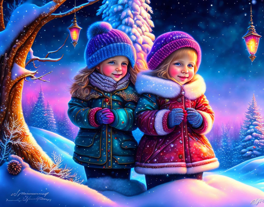 Two Smiling Children in Winter Scene with Snowy Landscape and Lanterns