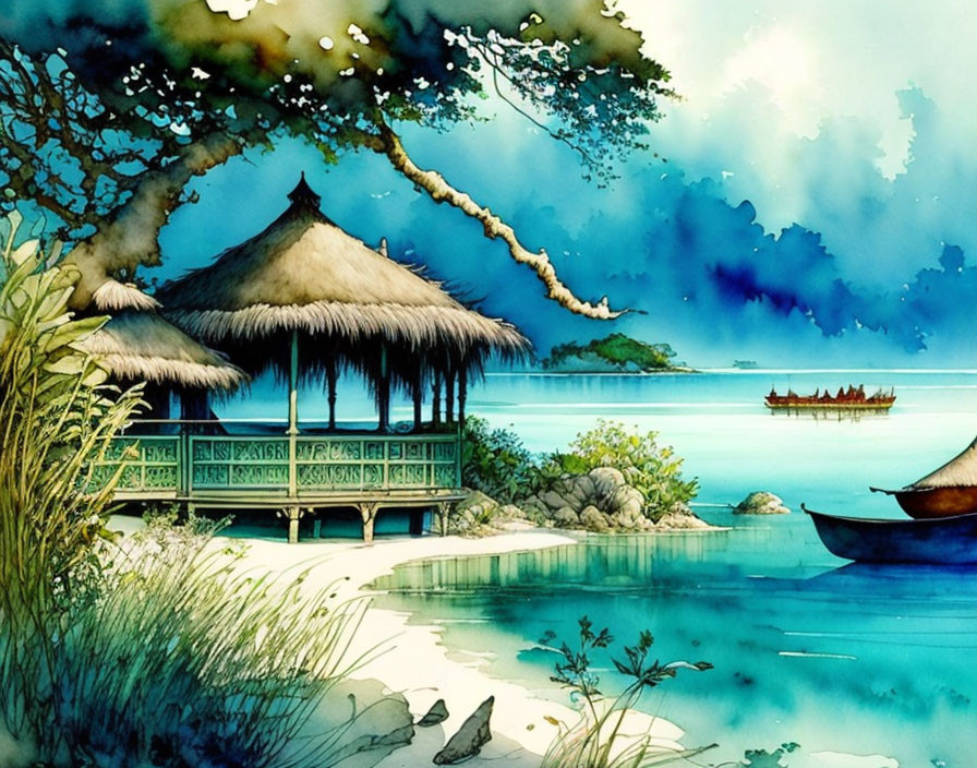 Thatched roof hut by calm lake with boats and green foliage