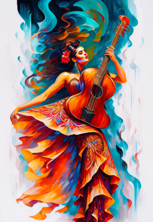 Colorful Flamenco Dancer Painting with Guitar Player