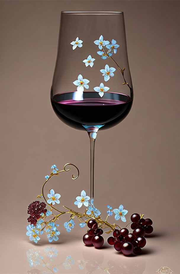 Red wine in wine glass with white and blue floral decoration on earth-toned backdrop