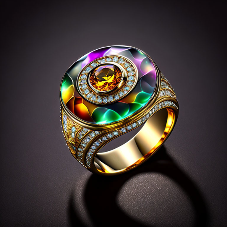 Amber Gemstone Ring with Iridescent Inlays and Diamonds