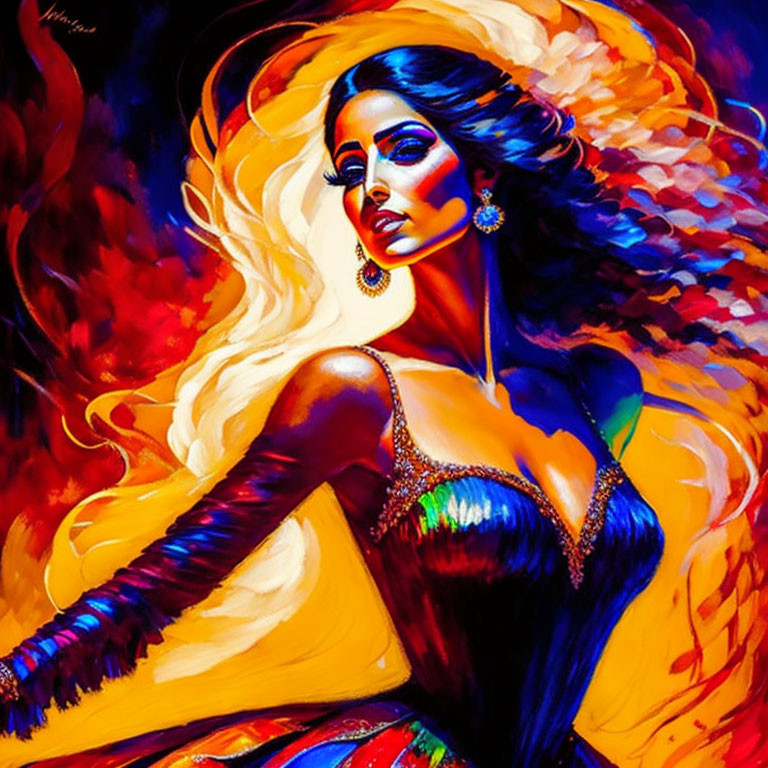 Colorful Artwork of Woman with Flowing Hair in Fiery Tones