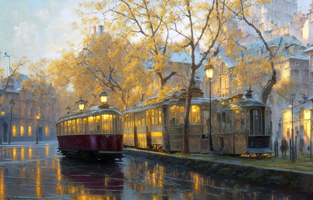 Historic European city scene: vintage trams, wet cobblestones, autumn trees.