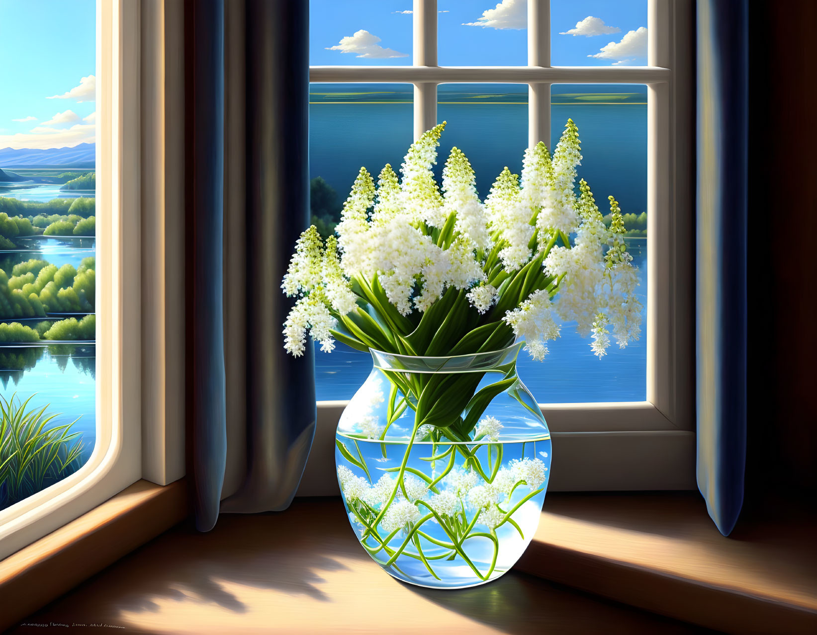 White Flowers Vase by Window with Lake View