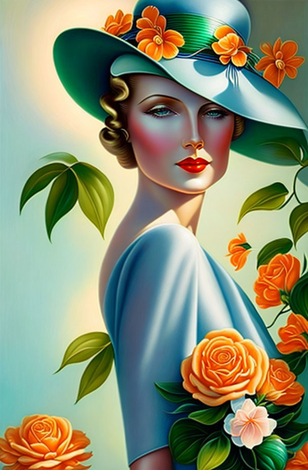 Vibrant painting of woman with red lips and blue hat with orange flowers