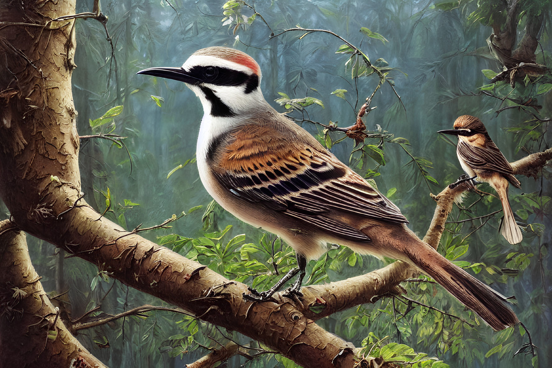 Colorful birds on tree branch in dense forest landscape