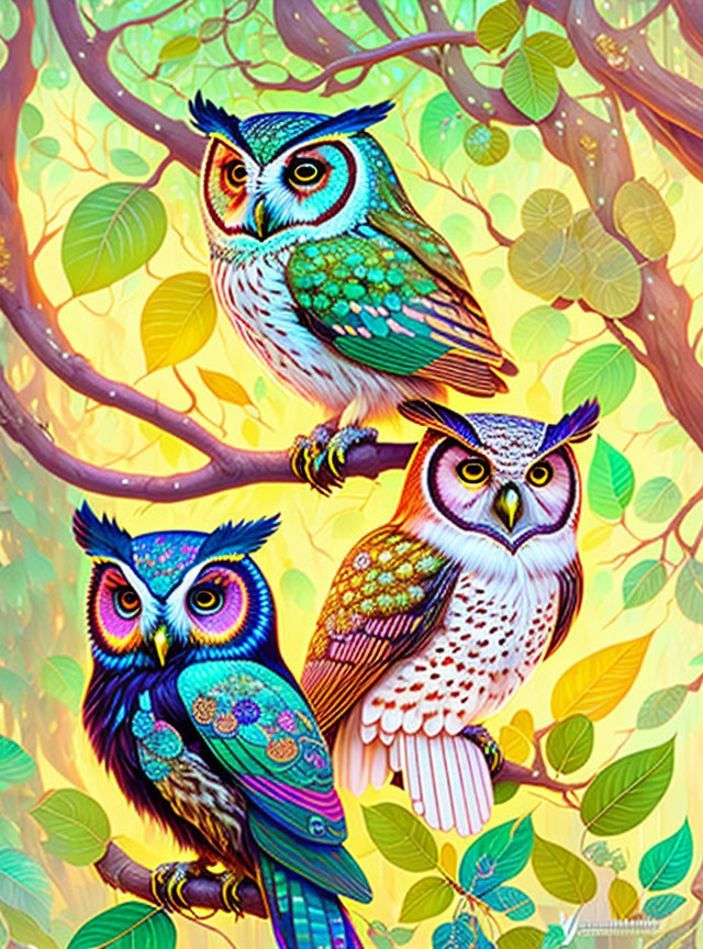 Colorful Stylized Owls Perched on Branches with Leafy Background