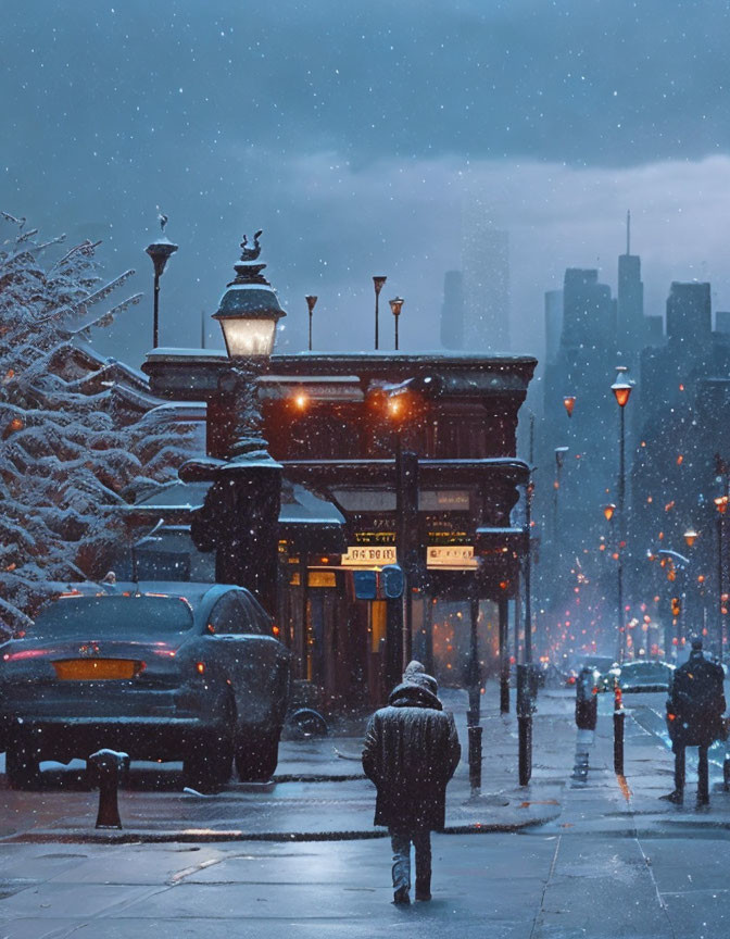 Snow-covered street at twilight with illuminated street lamps and gentle snowfall.