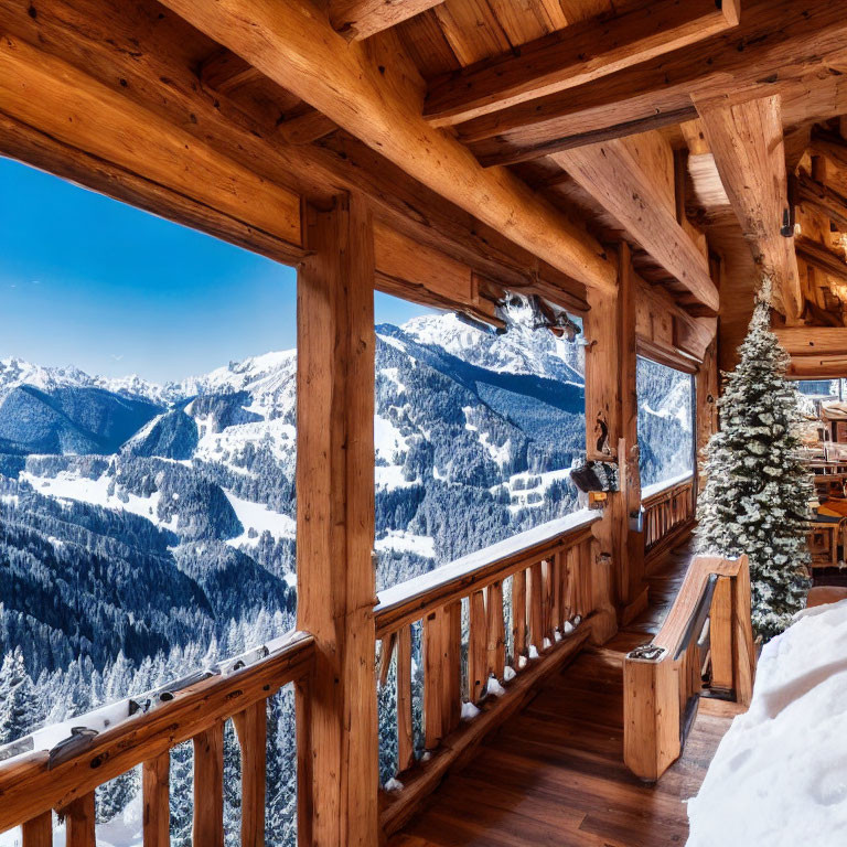 Snow-covered alpine landscape viewed from wooden mountain chalet balcony