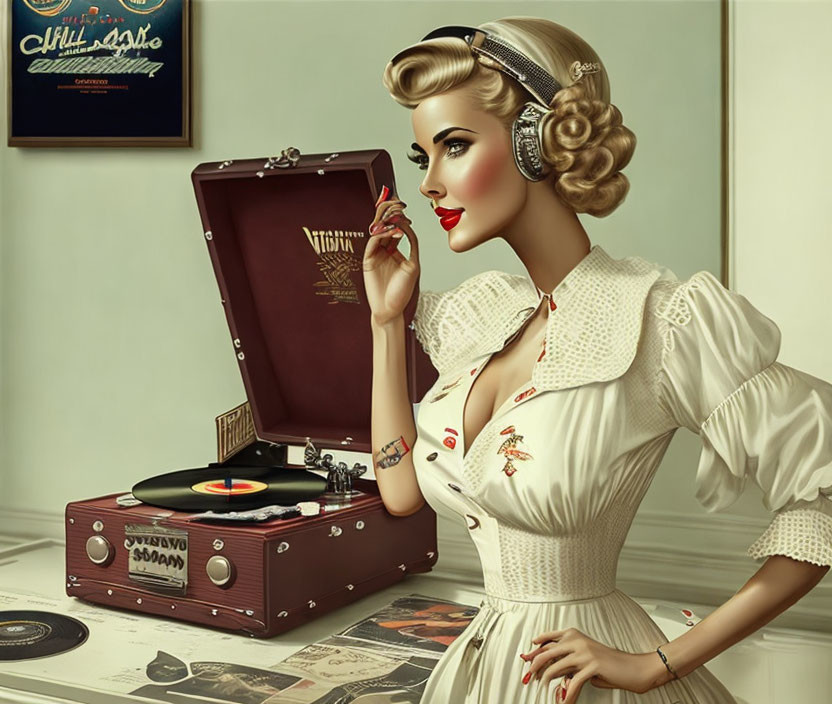 Vintage-style illustration of woman with retro hairstyle and headset listening to vinyl record on old-fashioned turntable