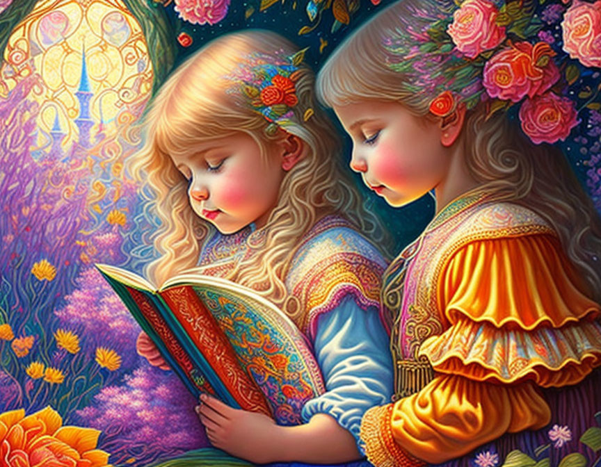 Two young girls reading book in vibrant garden setting