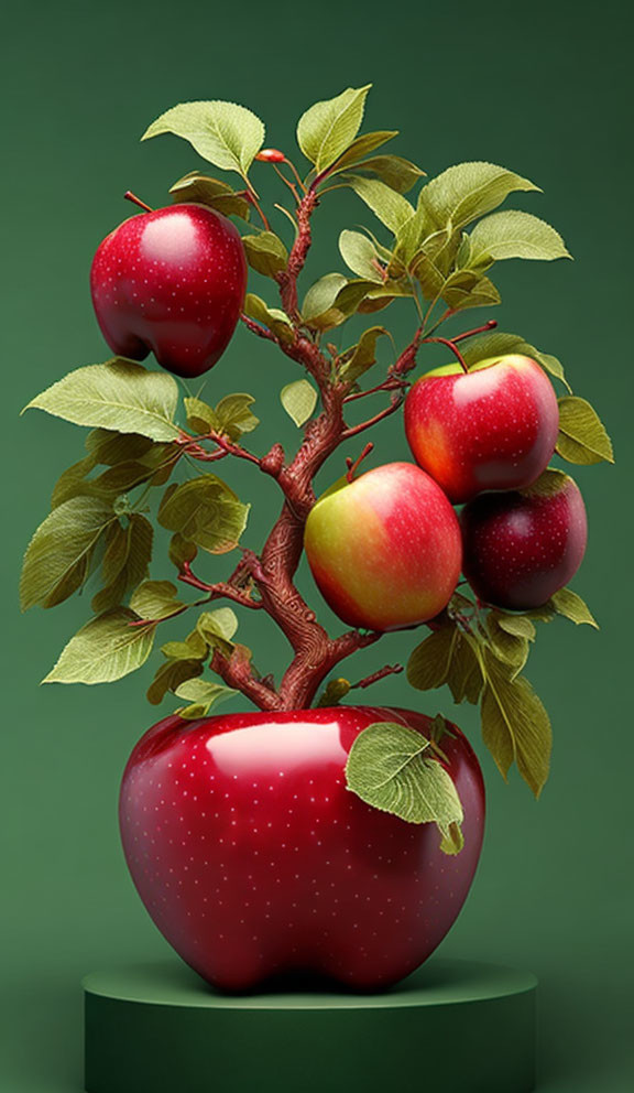 Artistic depiction of a tree with red apples on a green backdrop